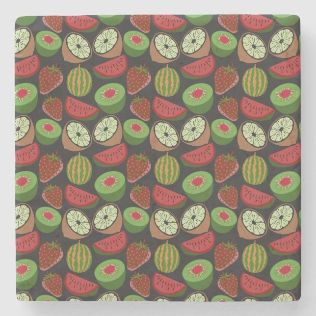 Tropical fruit seamless pattern colourful stone coaster (Front)