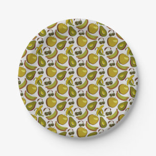 Tropical fruit seamless pattern yellow and white paper plate