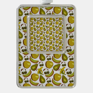 Tropical fruit seamless pattern yellow and white silver plated framed ornament