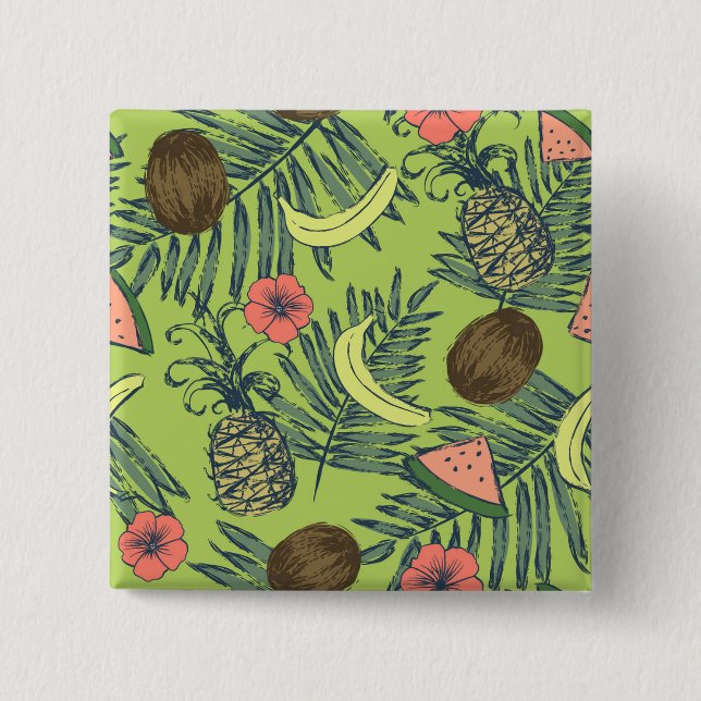 Tropical Fruit Sketch on Green Pattern 15 Cm Square Badge (Front)