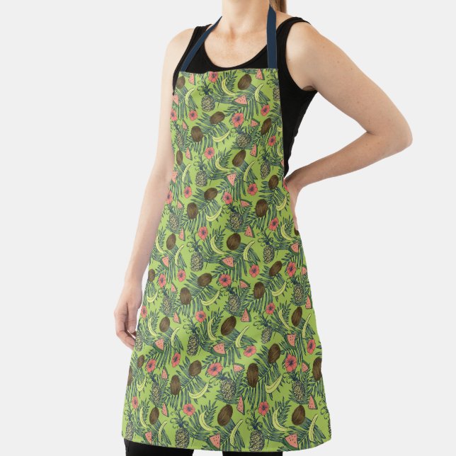 Tropical Fruit Sketch on Green Pattern Apron (Insitu)