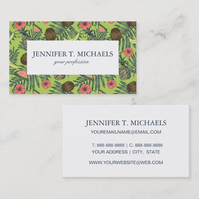Tropical Fruit Sketch on Green Pattern Business Card (Front/Back)