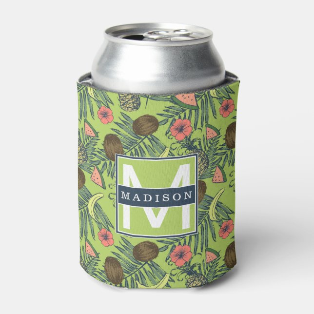 Tropical Fruit Sketch on Green Pattern Can Cooler (Can Front)