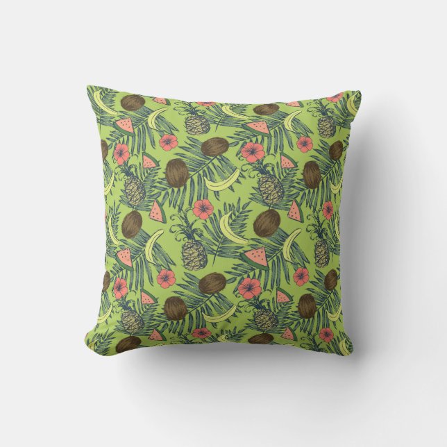 Tropical Fruit Sketch on Green Pattern Cushion (Front)