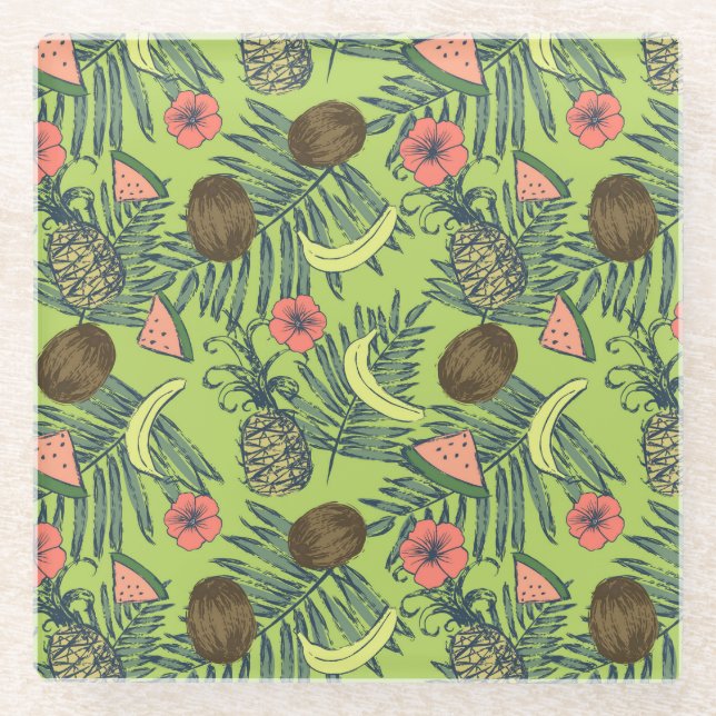 Tropical Fruit Sketch on Green Pattern Glass Coaster (Front)