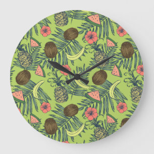 Tropical Fruit Sketch on Green Pattern Large Clock
