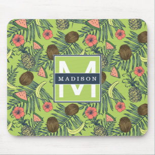 Tropical Fruit Sketch on Green Pattern Mouse Pad