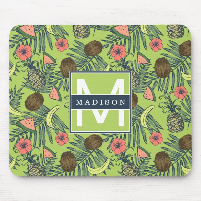 Tropical Fruit Sketch on Green Pattern Mouse Pad (Front)