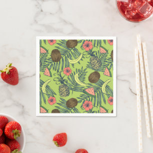 Tropical Fruit Sketch on Green Pattern Napkin