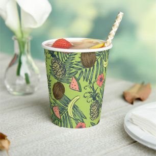 Tropical Fruit Sketch on Green Pattern Paper Cups