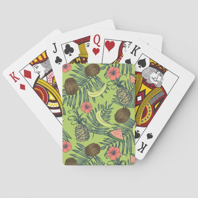 Tropical Fruit Sketch on Green Pattern Playing Cards (Back)
