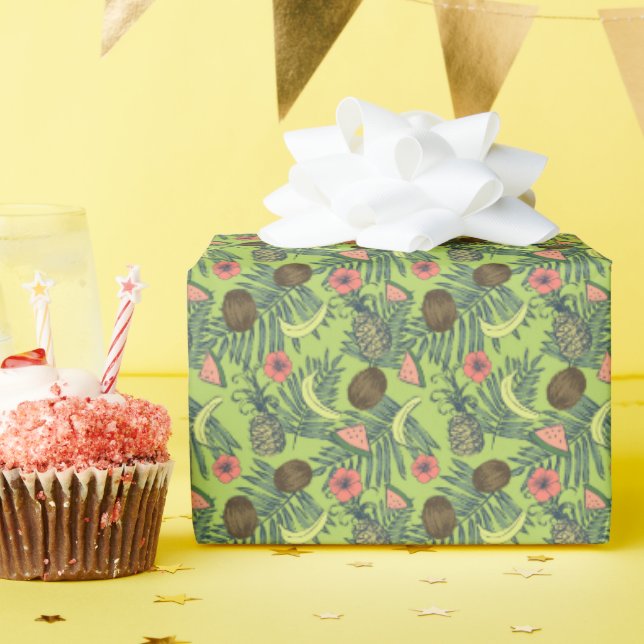 Tropical Fruit Sketch on Green Pattern Wrapping Paper (Birthday Party)