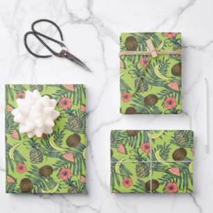 Tropical Fruit Sketch on Green Pattern Wrapping Paper Sheet