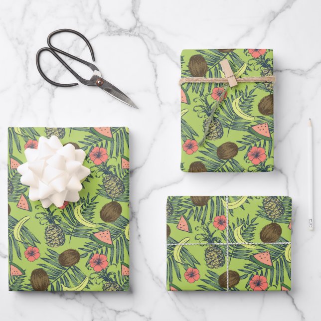 Tropical Fruit Sketch on Green Pattern Wrapping Paper Sheet (Front)
