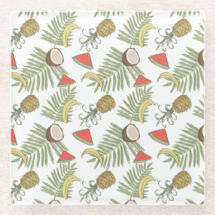 Tropical Fruit Sketch Pattern Glass Coaster