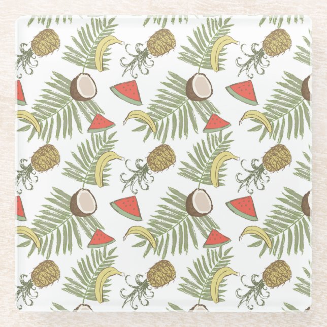 Tropical Fruit Sketch Pattern Glass Coaster (Front)