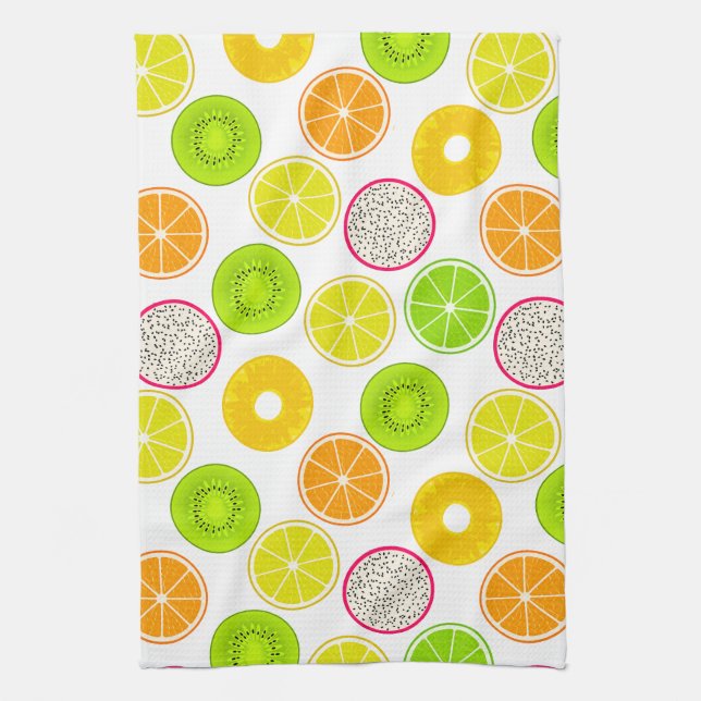 Tropical Fruit Slices, Citrus, Kiwi & Dragonfruit Tea Towel (Vertical)