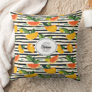 Tropical Fruit Stripe Yellow Orange Pink and Green Cushion