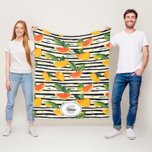 Tropical Fruit Stripe Yellow Orange Pink and Green Fleece Blanket