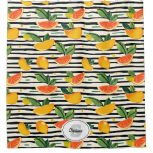 Tropical Fruit Stripe Yellow Orange Pink and Green Shower Curtain