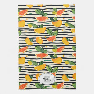 Tropical Fruit Stripe Yellow Orange Pink and Green Tea Towel
