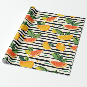 Tropical Fruit Stripe Yellow Orange Pink and Green Wrapping Paper
