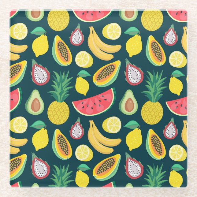 Tropical Fruit Vintage Pattern Bliss Glass Coaster (Front)