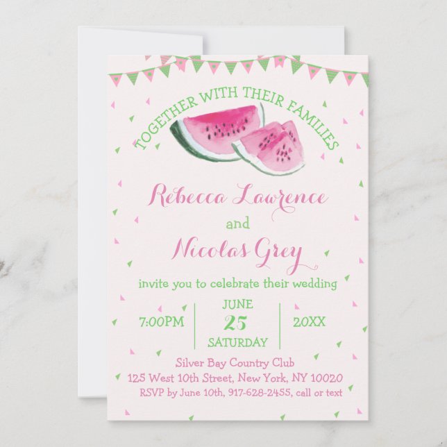 Tropical Fruit Watermelon Wedding Pink Watercolor Invitation (Front)