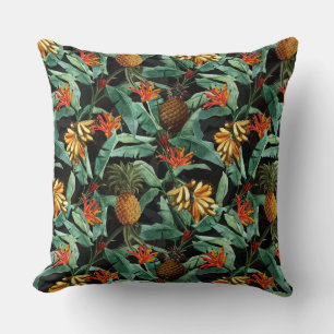 Tropical fruits and flowers jungle on black cushion