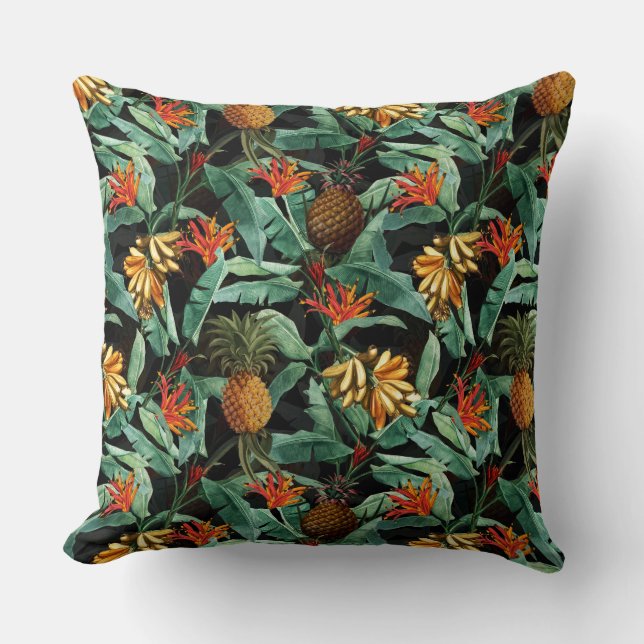 Tropical fruits and flowers jungle on black cushion (Front)