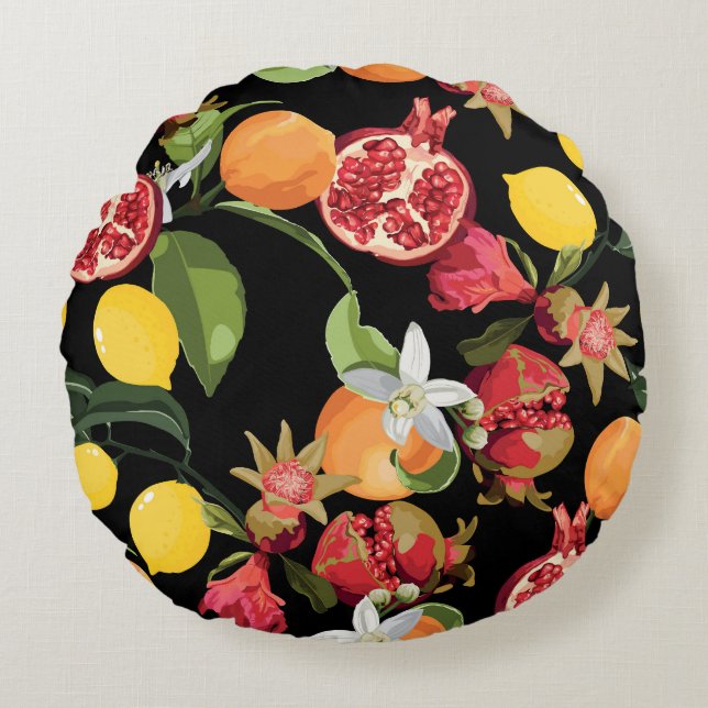 Tropical Fruits: Exotic Seamless Background Round Cushion (Front)