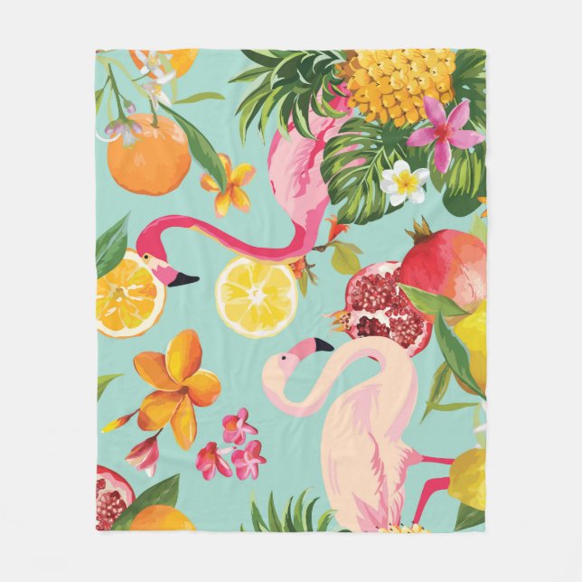 Tropical Fruits Flamingo Vintage Pattern Fleece Blanket (Front)
