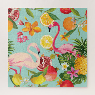 Tropical Fruits Flamingo Vintage Pattern Jigsaw Puzzle