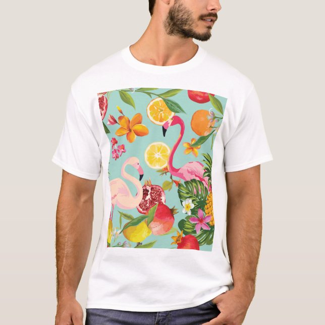 Tropical Fruits Flamingo Vintage Pattern T-Shirt (Front)