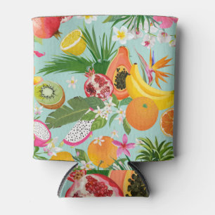 Tropical fruits, flowers: vintage background. can cooler