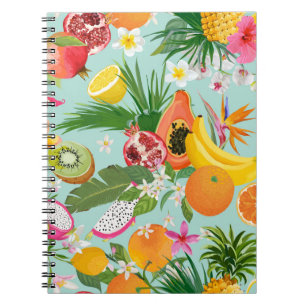 Tropical fruits, flowers: vintage background. notebook