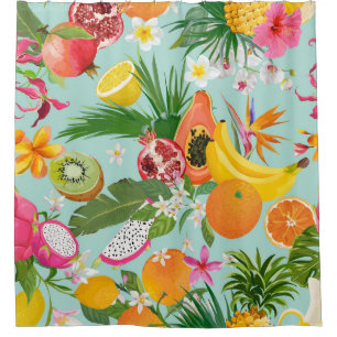 Tropical fruits, flowers: vintage background. shower curtain