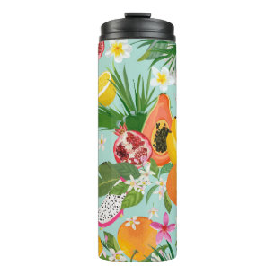 Tropical fruits, flowers: vintage background. thermal tumbler