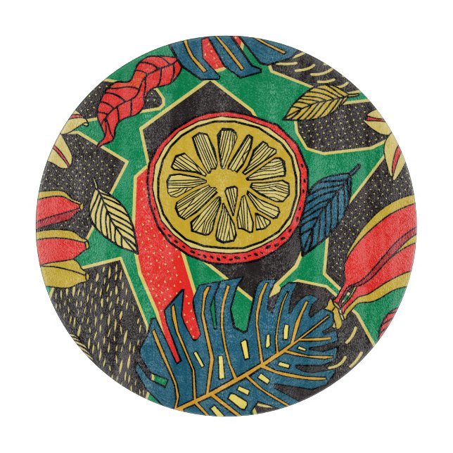 Tropical fruits, leaves, doodle floral pattern. cutting board (Front)