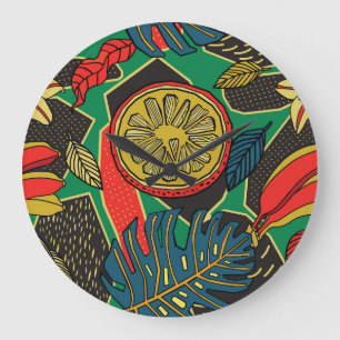 Tropical fruits, leaves, doodle floral pattern. large clock
