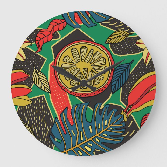 Tropical fruits, leaves, doodle floral pattern. large clock (Front)