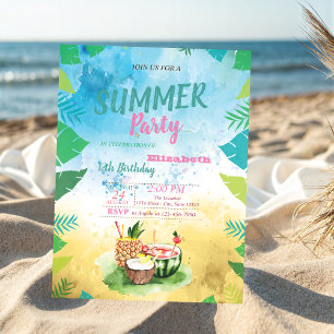 Tropical Fruits,Palm Leaves Summer Birthday Party Invitation