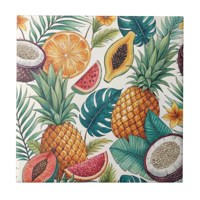 Tropical Fruits - Pineapples & Melon Summer Design Ceramic Tile (Front)