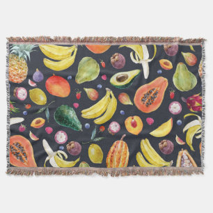 Tropical Fruits: Watercolor Multifruit Pattern. Throw Blanket