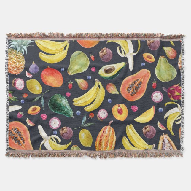 Tropical Fruits: Watercolor Multifruit Pattern. Throw Blanket (Front)
