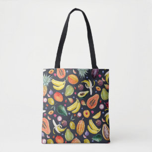 Tropical Fruits: Watercolor Multifruit Pattern. Tote Bag