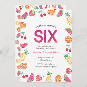 Tropical fruity Pink 6th Birthday Invitation