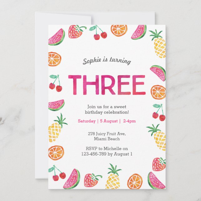 Tropical fruity Pink Birthday Invitation (Front)
