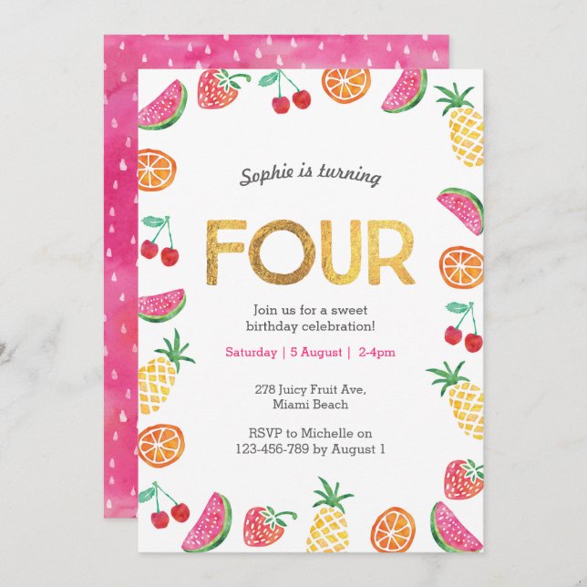 Tropical fruity Pink Gold 4th Birthday Invitation (Front/Back)