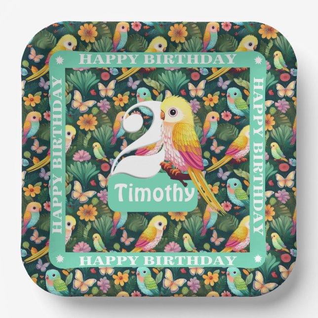 Tropical Fun: Personalised 2nd Birthday Plates (Front)